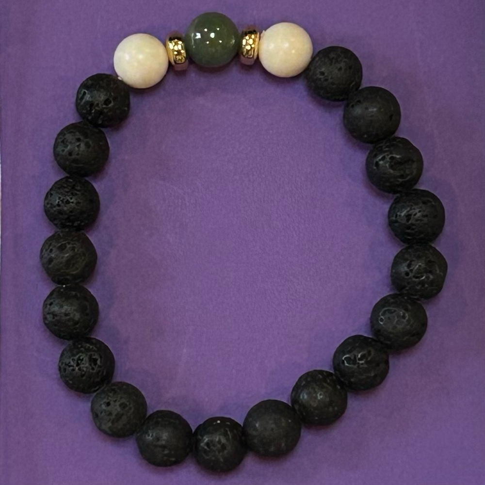handmade beaded bracelet - ivory & burma jade, lava rock, gold spacer beads